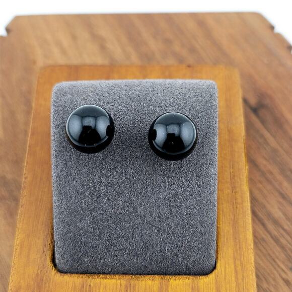 Glossy Black Round Post Earrings Silver Tone Back Stud Contemporary Minimalist - Picture 2 of 5